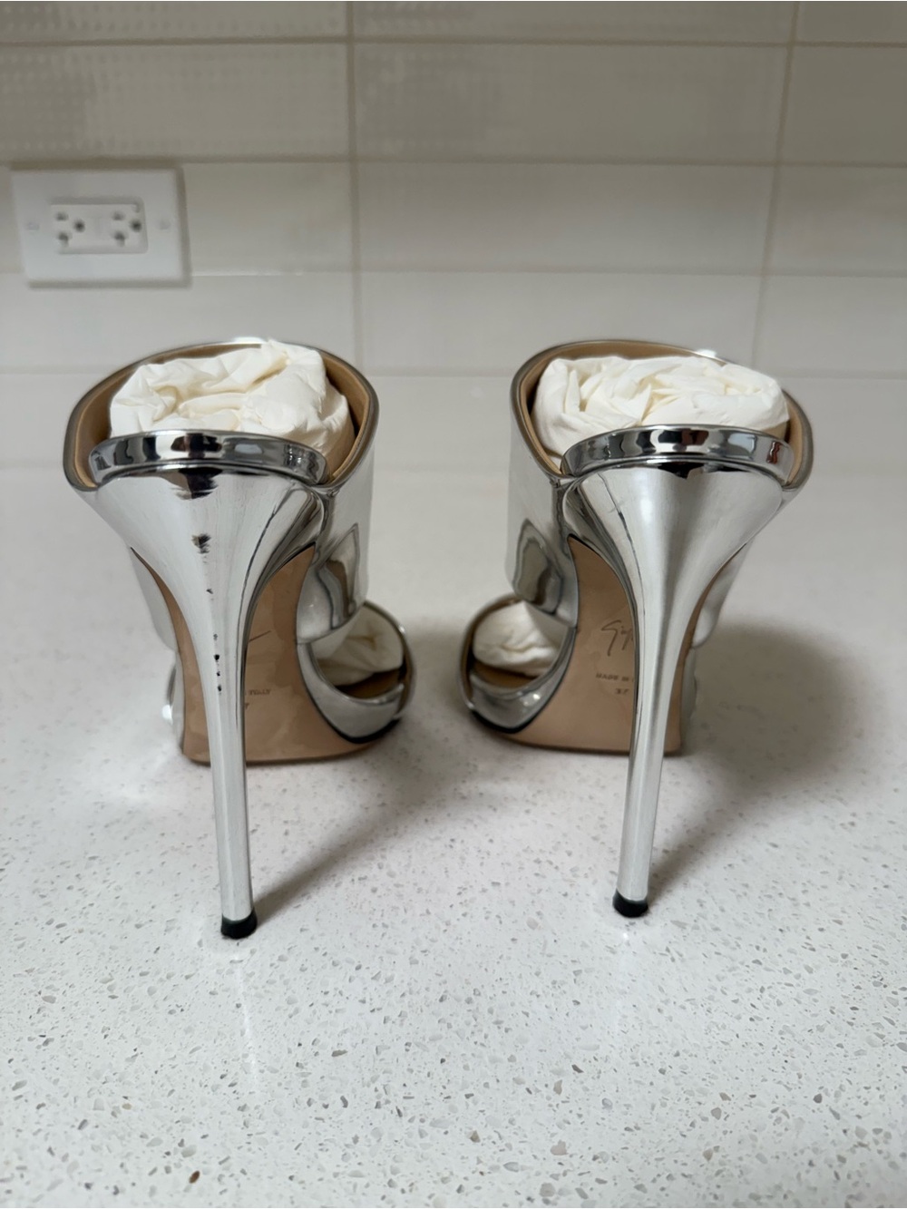 Giuseppe Zanotti Chrome Silver Mirrored Block Heel Sandals - Picture 5 of 5